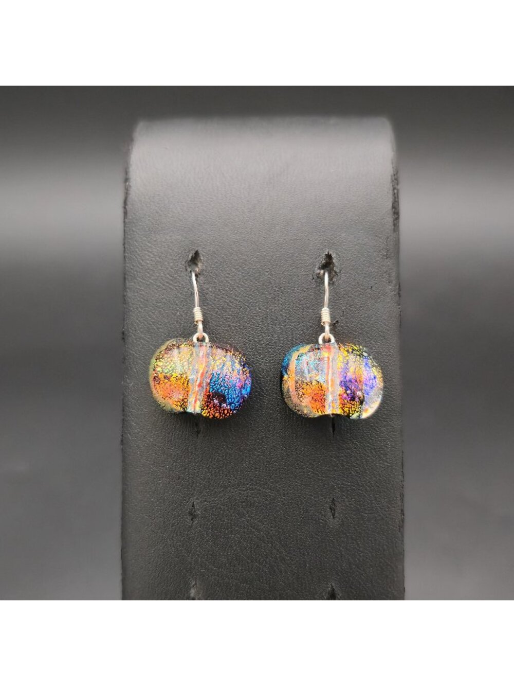 Sterling Silver Multicolored Dichroic Art Glass Nugget Dangle Earrings A8892